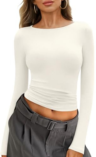 Minetom Sweatshirt Damen Tshirt Langarm U-Boot Ausschnitt Basic T-Shirt Baumwolle Langarmshirt Eng Stretch Pullover Oberteile Y2K Top A Weiß XS