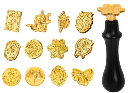 Wachs Siegel Stempel Set, Kupfer Wachs Siegel Stempel Kit, 12 Stück Siegellack Stempel Kopf mit 1 Abnehmbarer Holzgriff, Retro Klassische Siegelwachsstempel, Wachssiegel Stempel Köpfe für Einladungen