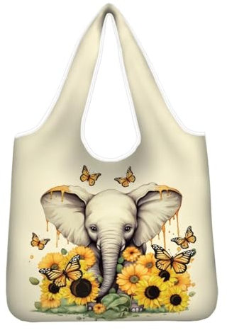 chaqlin Sonnenblumenelefant Einkaufstaschen Große Wiederverwendbare Tragetaschen Damen Lebensmittel Taschen Organizer Faltbare Einkaufstasche Shopping Schulter Handtasche mit Innentasche