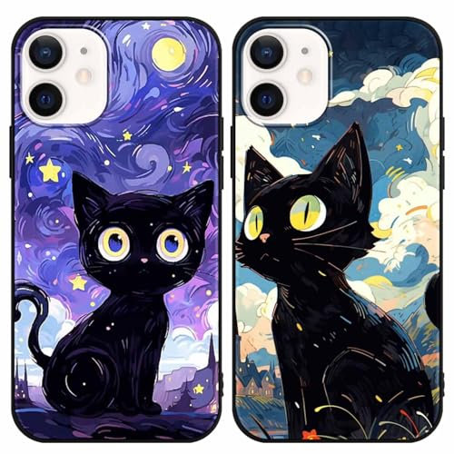 Yimctoie 2 Stück Handyhülle für iPhone 12/iPhone 12 Pro Hülle 6,1,Cute Anime Katze Sternenhimmel Aesthetic Case,Schwarz Cat Cartoon Ästhetik Starry Night Schutzhülle Silikon TPU Stoßfeste Cover