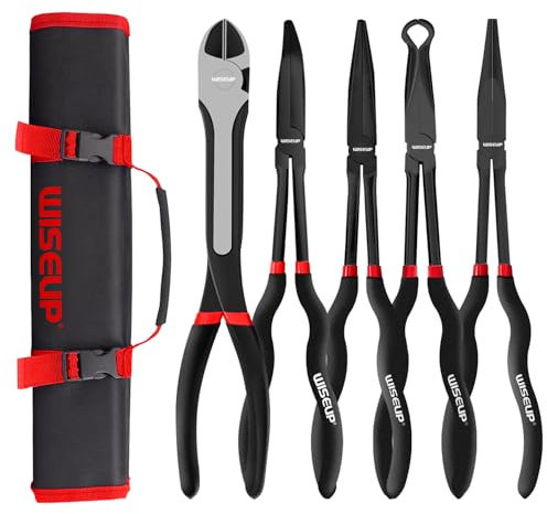 WISEUP Set di 5 pinze a becco lungo, in acciaio al carbonio di alta qualità, lunghezza 28 cm, punta piegata a 45°, pinza a becco piegato a 90°, pinze diagonali per spazi stretti