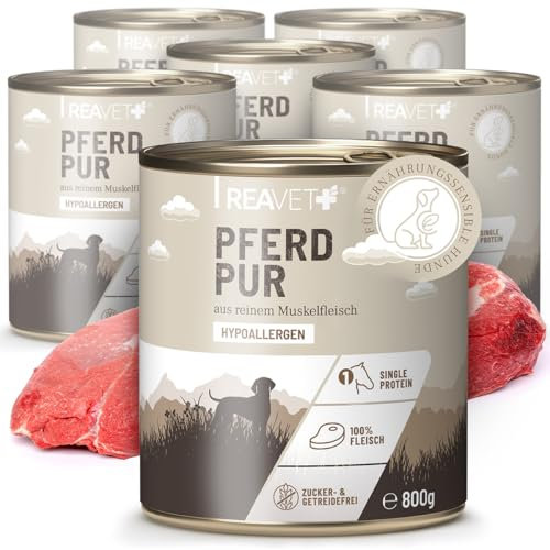 ReaVET Premium Hunde Nassfutter - Pferd Pur 6 x 800g I Reines Muskelfleisch, Hypoallergen, ohne Getreide & Zusätze, Hundenassfutter sensitiv für Allergiker