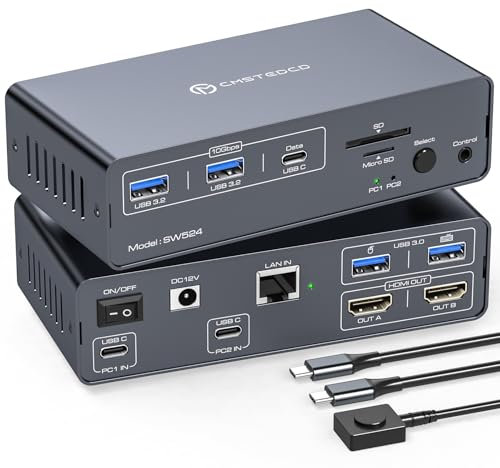 CMSTEDCD USB C KVM Docking Station 4K60Hz HDMI Dual Monitor KVM Switch 2 Monitores EDID 12-in-1 para Dos Portátiles que Comparten 1G Ethernet 5 Dispositivos USB A/C y Ranuras para Tarjetas SD/MicroSD