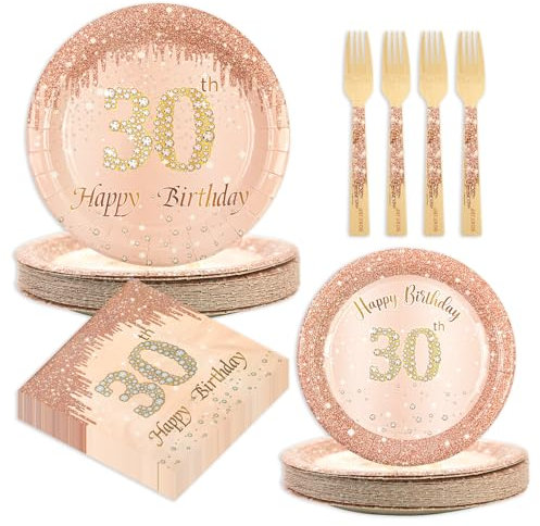 BOKFJBP 96Pcs 30th Rose Gold Birthday Decorations- 30th Party Tableware Set Disposable Paper Plates Napkins Bamboo Forks Vintage 1995 Party Decorations for Ladies Women Girl Serves 24