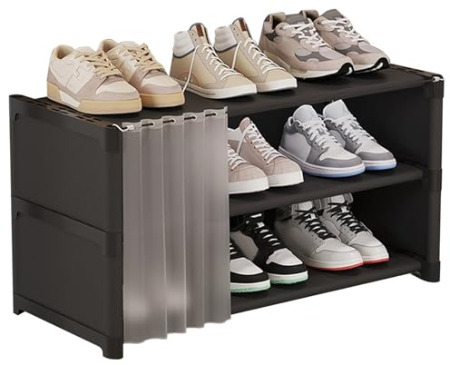 Veesper 3-stufige Schuhregal mit Abdeckungsfläche Sparer Schuh Organizer Regal hält 9 Paare, Eingangsaufbewahrungseinheit für den Kleiderschrankschlafzimmer Flur mit staubdichtem Vorhang
