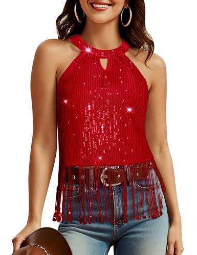 Aupuls Neckholder-Fransen-Konzert-Outfits für Damen, Pailletten, Disco-Tops, Western-Cowgirl-Outfit