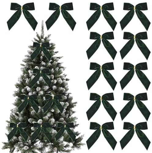 12pcs Small Christmas Velvet Bows 3.5 Inch Rustic Wreath Gift Bows Vintage Xmas Velvet Ribbon Bow Holiday Ornaments for Christmas Tree Garland DIY Craft Wrapping Decor (Green)