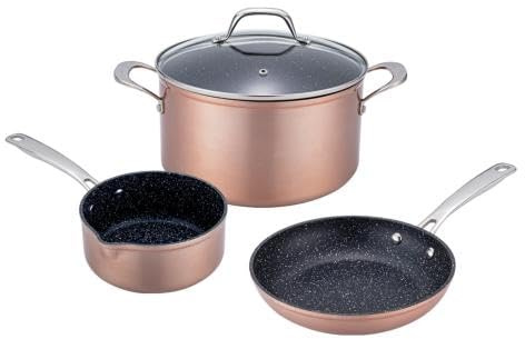 Set de Cuisine 4 Pièces – Casserole 16 cm, Poêle & Faitout 24 cm | Aluminium forgé, céramique sans PFOA/PFAS, fond impact, poignées inox, induction, four 230°C, finition cuivre