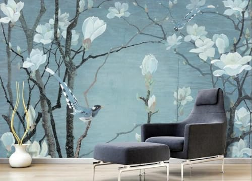 CLVIUJLBKLKSDD Papier Peint Panoramique Fleurs De Yulan Blanc 250cmx175cm Fleurs Oiseaux Et Grand Arbre À L'Encre Tableaux Muraux Tapisserie Chambre Salon Décoration Murale
