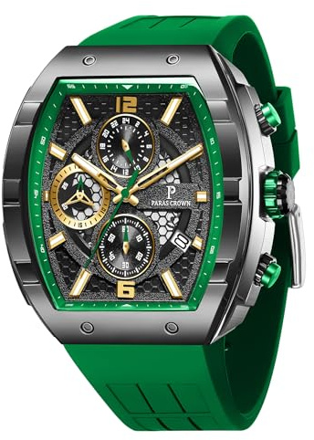 PC PARAS CROWN Uhren Herren Chronograph Quarzuhr mit Japanischem Uhrwerk 5ATM Edelstahl Tonneau-Gehäuse Silikonarmband
