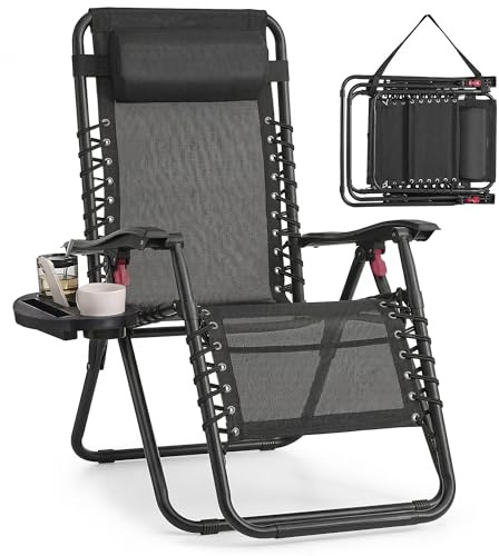 SONGMICS Zero Gravity Reclining Chairs, Folding Sun Loungers with Tray, Adjustable Headrest, Max. Load 110 kg, for Patio, Garden, Black GLB030BZ02