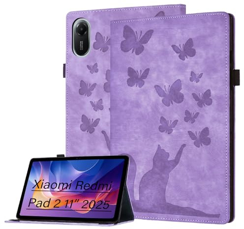 Bemoloon Tablet Coque pour Xiaomi Redmi Pad 2 11 2025 - PU Étui Tab Rabattable Chat et Papillon, avec Porte-Cartes, Porte-Stylo, Chat Violet