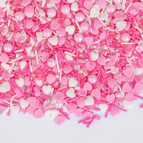 Essbare Herzperlen Zucker,Pink White Pearl Streusel für Kuchen Dekorieren | 130g,Essbare Herzen&Perlen Streusel Mix,Zuckerdeko für Cupcakes,Kekse & Kuchen,ideal für Geburtstagspartys&festliche Anlässe