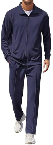 Generico Tuta da uomo per il tempo libero, comoda, da jogging, in tinta unita, con chiusura lampo, polo e vestibilità regolare, per il tempo libero, Blu scuro, XL