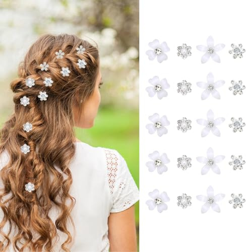 20 Mini Horquillas para el Pelo con Flores Blancas y Diamantes de Imitación, Mini Pinzas para el Pelo con Flores y Perlas para Mujeres Niñas Fiestas Bodas
