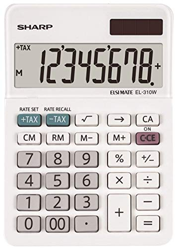 Sharp EL-310W Tischrechner mit abgewinkelte Anzeige, 8-stelligem Display, Solar-/Batteriebetrieb, weiß
