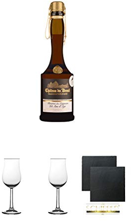 Chateau du Breuil 20 Jahre Pays d' Auge Calvados Frankreich 0,7 Liter + 2 Bugatti Nosing Gläser mit Eichstrich 2cl und 4cl + 2 Schiefer Glasuntersetzer eckig ca. 9,5 cm Ø