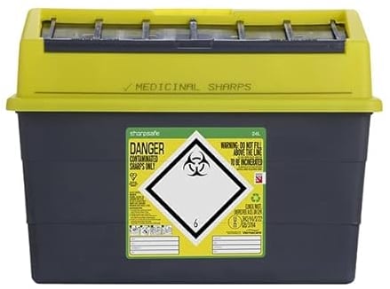 Sharpsafe SHARPS BIN 24LTR, Grey base, Yellow lid