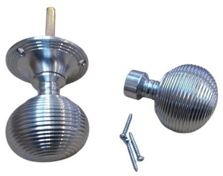 S & S International Solid Brass Beehive Reeded Round Door Knobs, Satin Chrome, Internal Rim Mortise Grey Knob Set, Victorian Pull Door Handle, 50mm