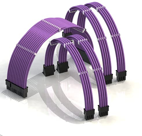 LINKUP - AVA 50cm Cable con Manguito - Prolongación de Cable para Fuente de Alimentación con Kit de Alineadores | 1x 24P (20+4) MB | 2X 8P (4+4) CPU | 2X 8P (6+2) GPU | 500mm - Púrpura