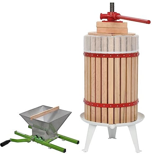vidaXL 2 Piece Home Fruit & Wine Press and Crusher Set with Solid Oak Wood Cask, Cast Iron, Steel Hardware, Easy One-Person Operation, For Grapes, Berries, Apples, Pears, Peaches, & Pineapples