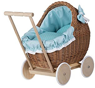 e-wicker24 Puppenwagen aus Weidengeflecht, Geschenk für Kinder, Minzgrün