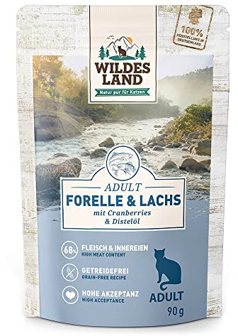 WILDES LAND – Lachs | Nassfutter mit extra hohem Fleischanteil und natürlichen Zutaten für ausgewachsene Katzen. Alleinfutter ohne Zusatzstoffe in der Dose | 12x90g Lachs