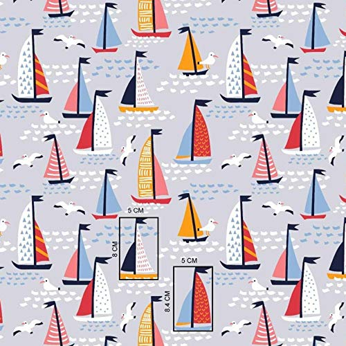 11,99€/m Schiff Boot Pirat 100% Baumwolle Baumwollstoff Kinder Meterware Handwerken Nähen Stoff (Segelboot Grau, 100x160cm (11,99€/m))