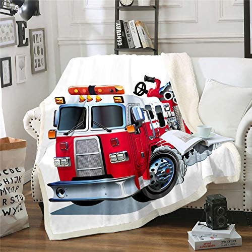Fleecedecke für Jungen, rotes Feuerwehrauto-Muster, Sherpa-Überwurf, Decke für Sofa, Couch, Auto, Fahrzeugdruck, warme Plüschdecke, wendbar, Feuerwehr-LKW, flauschige Decke, Einzelbett, 127x152.4 cm