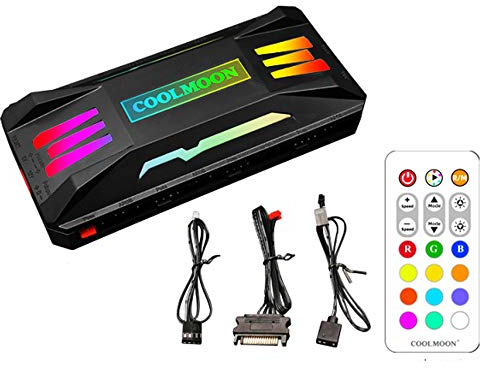 KLLsmDesign Regolatore di temperatura, adattatore per luce RGB per PC con telecomando, 8 porte per controller di velocità della ventola a 4 pin, 10 porte A-RGB a 3 pin da 5 V, con magnete (nero)