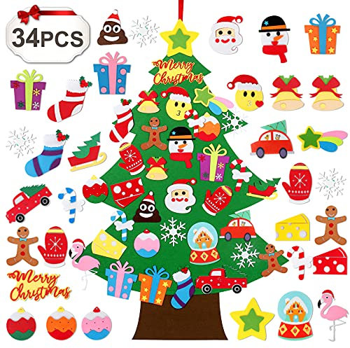 QIFU DIY Felt Christmas Tree Decorations, Wall/Door Tree Kit, 34pcs Ornaments, Modern Style, Multicoloured, Foldable, Ages 3+