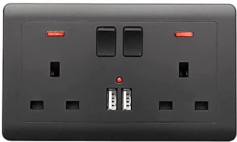 UK Plug Wall Switch Double PC Socket 13A with 2 USB/18W type-C Charging Ports (Black with 2 USB)