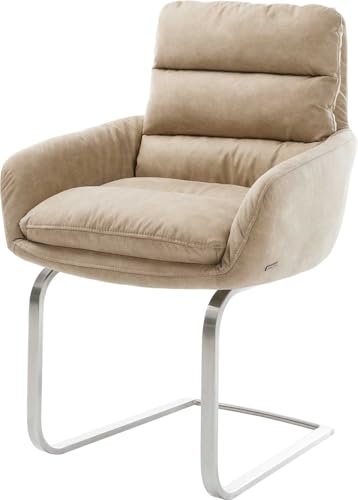DELIFE Schwingstuhl Abelia-Flex mit Armlehnen Freischwinger flach Edelstahl Mikrofaser Beige Vintage