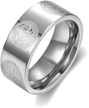 BOBIJOO JEWELRY - Bague Alliance Anneau Médaille Saint Benoît Mariage Protection Exorcisme Acier Inoxydable 316L 8mm - 23,2 (14 US)