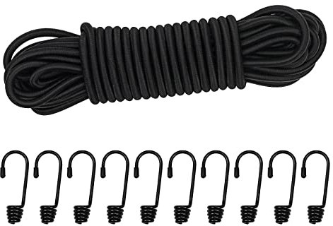 10M Elastic Cord, 1/4 Thick Shock Cord Heavy Duty 32Ft Elasticated Shock Cord Black Bungee Cords with Hooks for Caravan Camping Cargo Craft Rack (6mm x 10M, Black)