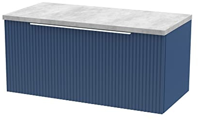 Hudson Reed DFF396LBG Fluted Modern Bathroom Wall Hung 1 Drawer Vanity Unit with Bellato Grey Laminate Worktop, 800mm, Satin Blue