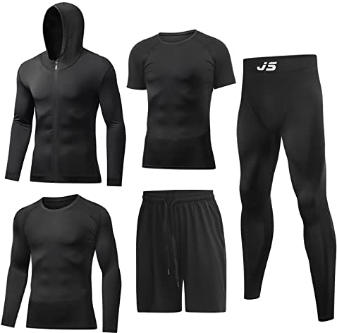 JULY'S SONG Ensemble d'entraînement de compression pour homme, 5 pièces, séchage rapide, chemise, pantalon, short, veste, vêtements pour salle de sport, T-shirt noir, XX-Large