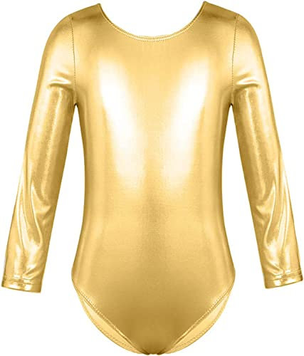 FUREINSTORE Ballet Gymnastics Classical Shiny Elastic Dance Leotard Girls Long Sleeve Round Neck Ballerina Leotard (Gold, 12 Jahre)