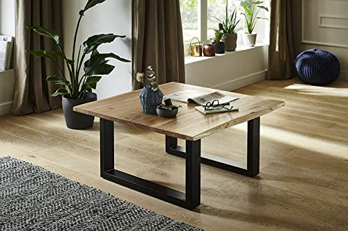 SAM Couchtisch 90x90 cm Quintus, echte Baumkante, Akazienholz naturfarben, massiver Sofatisch, U-Metallgestell Schwarz