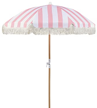 Parasol de Jardin Rétro ⌀ 150 cm Mât en Bois et Tissu Rose et Blanc Mondello