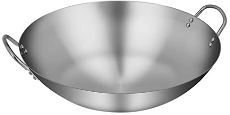 OQHAIR Wok de Doble Oreja de Acero Inoxidable no magnético 201, 32cm, 70cm de Espesor, sin Recubrimiento, Antiadherente, Comercial para Estufas de Gas (65cm)