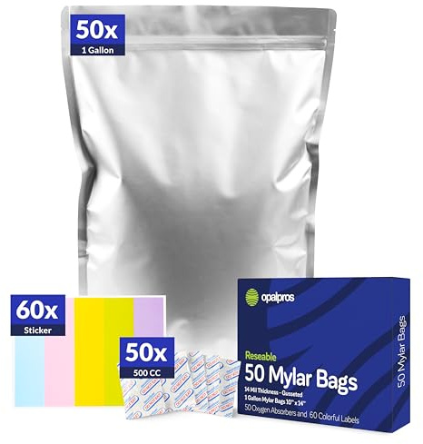 Opalpros 50 pcs 14 Mil 1 Gallon mylar bags for food storage with 500cc oxygen absorbers - Resealable Mylar Bags + Colorful labels