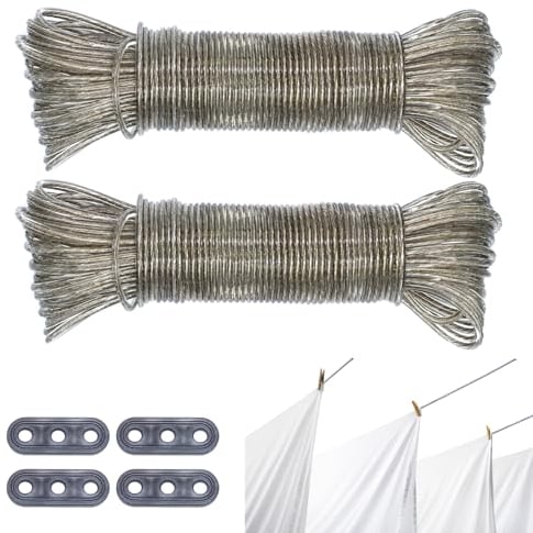 AIMEKE 40 m Corde à Linge avec Noyau en Acier Fil a Linge Extérieur avec Tendeur, avec Revêtement PVC Corde a Linge Extra Solide pour l'intérieur et l'extérieur (2 Pièces 20m)