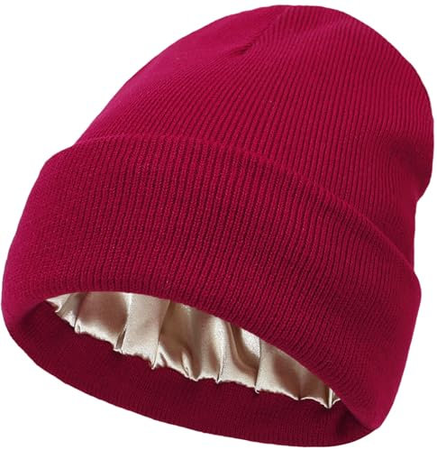 Malaxlx Burgunderrot Wintermütze Beanie Mütze Strickmütze Satin Gefüttert Weiche Warme Slouchy Cuffed Beanie für Damen Herren
