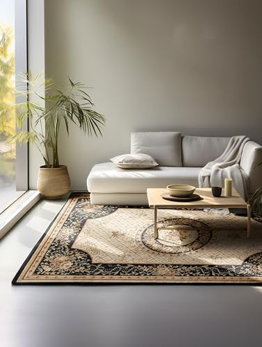 Nouristan Teppich Orientalisch – Läufer Orient Klassisch Orientalischer Wohnzimmerteppich dicht gewebt mit Blumen Flachgewebe für Wohnzimmer, Schlafzimmer, Esszimmer, Flur – Schwarz Creme, 200x280cm