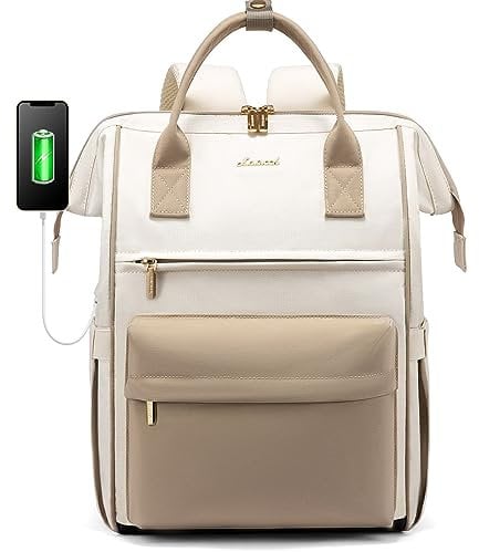 LOVEVOOK Backpack Womens, 15.6 Inch Laptop Travel Work Rucksack, Waterproof School Bag with USB Port for Teacher Nurse, Anti Theft Ladies Computer Back Pack for Office Business College Uni, Beige
