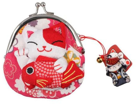 GUDEKIKL Porte-monnaie japonais Maneki Neko, pochette portable avec fermoir à fermoir, porte-monnaie créatif, portefeuille porte-bonheur chat avec joli pendentif, blanc/rouge, Style japonais