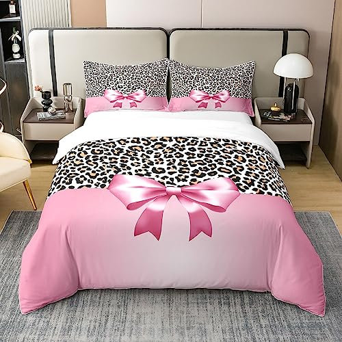 Homemissing Ruban Rose Léopard Housse de Couette Fille Cheetah Coton Cadeau Animaux Imprimé Literie Set Safari 240x260cm