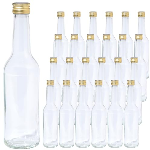 Vitrea 24 leere Glasflaschen 350ml Schraubverschluss Gold - Flaschen zum Befüllen mit Deckel - für Saft, Getränke, Likör, Öl, Saucen - 24 Stück, PP28, Geradhals