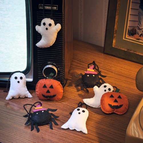 Lights4fun Halloween Set of 8 Felt Pumpkin, Ghost and Spider Hanging Ornaments for Twig Tree Decorations